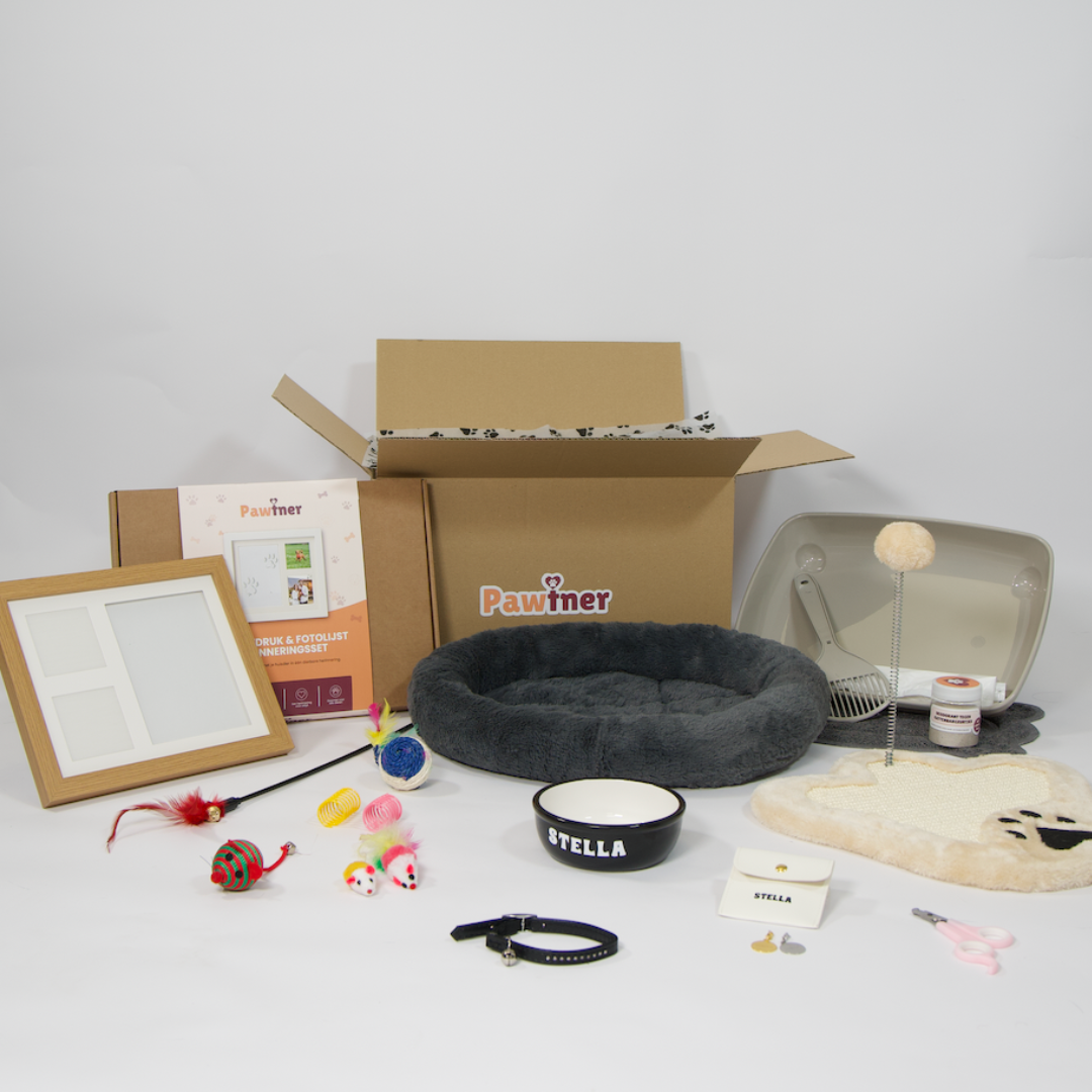 Luxe starterpakket voor katten met essentiële items zoals mand, speeltjes, kattenbak, halsband en gepersonaliseerde voerbak van Pawtner.